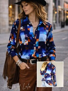 Vintage Abstract Button Down shirt. 70s Western Chic Boho Statement Dart Collar